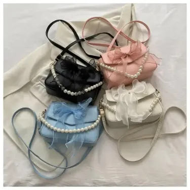 Pearl Chain Square Bow Tie Crossbody Bag